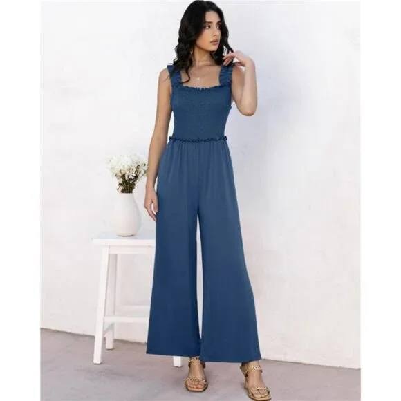 Women's Smocked Jumpsuits Casual Loose Sleeveless Wide Leg Long Pant Rompers